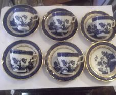 a antique 5 peice blue and white coffee set cups and sausers by royal doulton