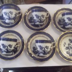 a antique 5 peice blue and white coffee set cups and sausers by royal doulton