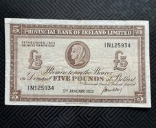 1972 Provincial Bank of Ireland 5 Pound Banknote