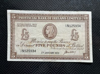 1972 Provincial Bank of Ireland 5 Pound Banknote