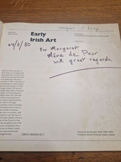 early irish art written by marie de paor.  Signed