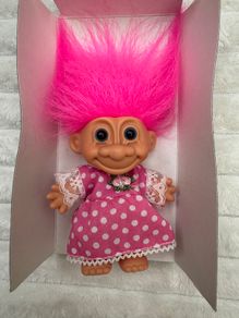 Vintage Troll Doll Polka Dot Dress Pink Hair approx. 10 cm. Please see photos