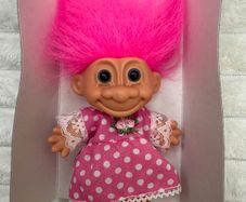 Vintage Troll Doll Polka Dot Dress Pink Hair approx. 10 cm. Please see photos