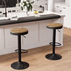 Wooden Bar Stools Set of 2 Adjustable Counter Height Barstools, Round Breakfast Vintage High Bar Chairs Rustic Swivel for Home Kitchen, Easy to Assemble, Brown and Black