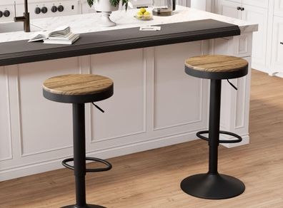 Wooden Bar Stools Set of 2 Adjustable Counter Height Barstools, Round Breakfast Vintage High Bar Chairs Rustic Swivel for Home Kitchen, Easy to Assemble, Brown and Black