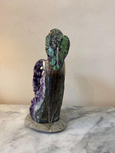 Premium Ruby in Zoisite Gemstone Parrot Carving on Unique Amethyst Crystal Geode