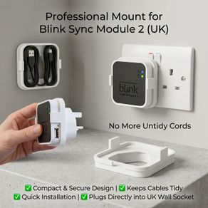 Blink Sync Module 2 Plug Mount UK Outlet Bracket Holder, Space Saving Cable Management Outlet Mount for Amazon Blink Security System