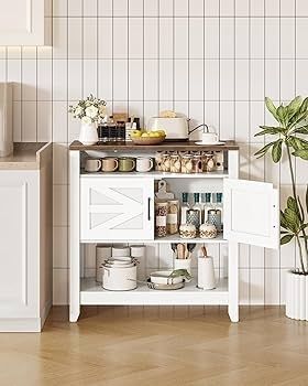 Console Table with Power Outlet, Entryway Storage with Cabinet and Open Shelves, Coffee Bar Cabinet, for Entrance, Hallway, Kitchen, White and Walnut