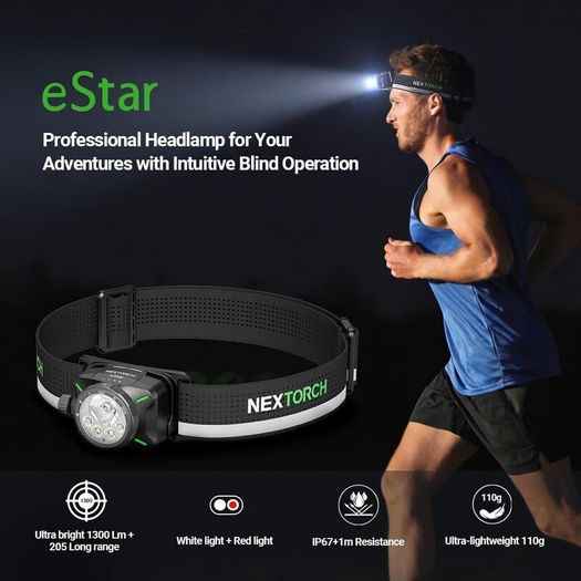 Nextorch E-Star 1300 Lumens Headlamp with 2 x USB-C Batteries, Dual Power