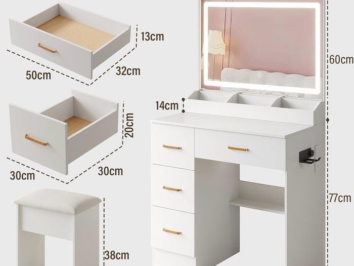 Dressing Table with Mirror and Stool: Vanity Desk Makeup Table with Mirror and Chair - Dressings-Table with LED Lights, 3 Color, Adjustable Brightness, Hairdryer Holder for Girls,Bedroom