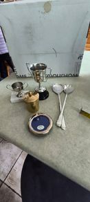 5 diffierent items- Service spon and fork silver plated 20.00 euro. Vintage,  silver plated, collection frame,, excellent condition. 12.00 euro. Brass Gold Tone Metal Round Made in India-7.5cm-Vintage Trinket/Jewellery Box keepsake box, jewelry box, trink
