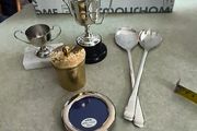 5 diffierent items- Service spon and fork silver plated 20.00 euro. Vintage,  silver plated, collection frame,, excellent condition. 12.00 euro. Brass Gold Tone Metal Round Made in India-7.5cm-Vintage Trinket/Jewellery Box keepsake box, jewelry box, trink