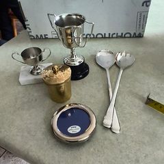 5 diffierent items- Service spon and fork silver plated 20.00 euro. Vintage,  silver plated, collection frame,, excellent condition. 12.00 euro. Brass Gold Tone Metal Round Made in India-7.5cm-Vintage Trinket/Jewellery Box keepsake box, jewelry box, trink