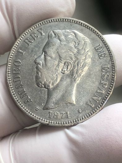 Spain 5 Pesetas 1871 (71) Silver 90%King Amadeo I