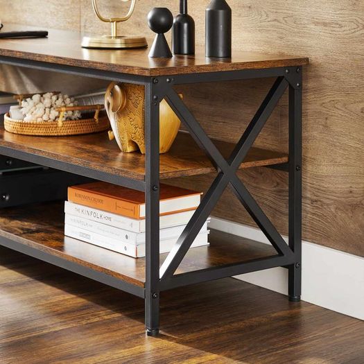 TV cabinet, lowboard for TVs up to 65 inches, 147 x 40 x 50 cm, TV table with open compartments, X-shaped struts, industrial design, vintage brown-black