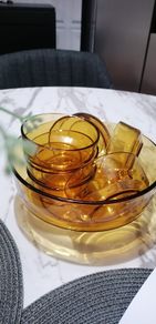 Vintage 1960/70s dessert serving bowl and dessert bowls Italian amber glass