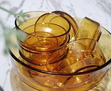 Vintage 1960/70s dessert serving bowl and dessert bowls Italian amber glass