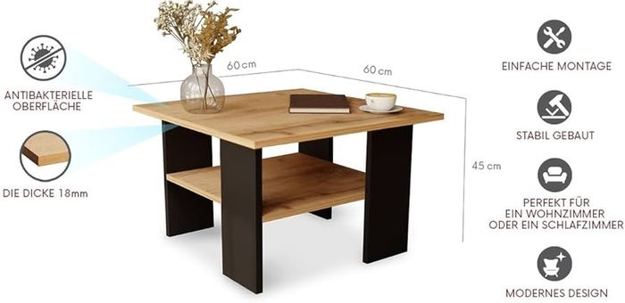 Coffee Table Oak Black Modern Living Room Table 60 x 60 x 45 cm - Square, Stable & Practical with Shelf - Compact Sofa Table, Robust and Easy to Clean