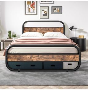 King Size Bed Metal Platform Bed Frame with Wood Headboard,