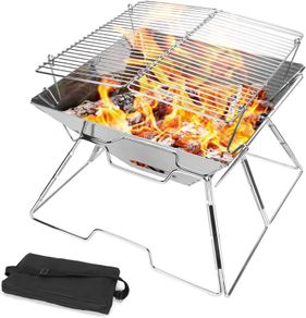 Collapsible Campfire Grill Camping Fire Pit, 304 Stainless Steel Grill Gate, Heavy Duty Portable Camping Grill with Carrying Bag, M