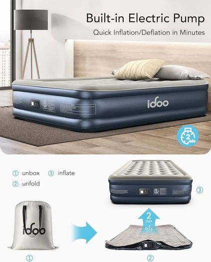 King Air Bed, Inflatable Mattress with Built-in Electric Pump, Double Queen Size 3 Mins Quick Self-Inflation/Deflation Blow Up Bed, Guest Air Mattress for Home Camping Travel 203x152x46cm