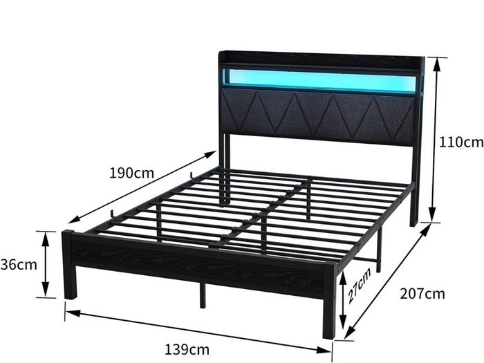 4ft6 Double Size Bed Frame with LED Lights Storage Upholstered Headboard and Charging Station, Solid Metal Platform Bed Double Size, No Box Spring Needed, Noise Free