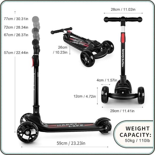 Kids Scooter - Big Wheels Foldable Kick Scooter with Flashing LED Lights for Boys Girls, 4 Levels Height Adjustable, 3 Wheel Scooter for Kids Ages 3-10 with Safe Lean to Steer Design