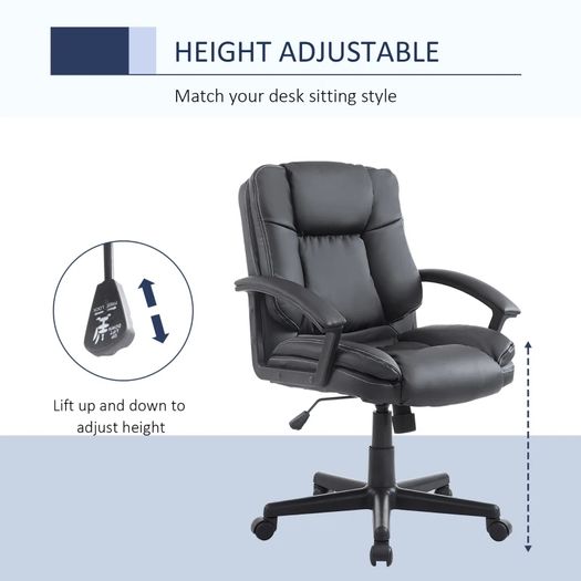 Mid Back Executive Office Chair, Faux Leather Computer Desk Chair with Swivel, Double-Tier Padding, Arm, Wheels, Black