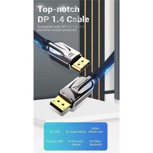 VENTION 3M Premium DisplayPort 1.4 UHD/3D 8K (7680x4320@60Hz) 32.4Gbps Luxury Model (Zinc Alloy/Nylon Braided/Gold Plated) Cable (Brand New/Warranty)