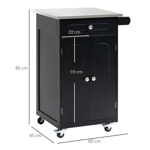 Multi-storage wheeled kitchen serving cart, 1 drawer, 2-door cabinet with shelf and towel holder, MDF, black, stainless steel