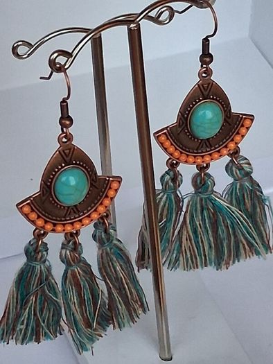 Antique Copper Turquoise Fan Tassel Earrings