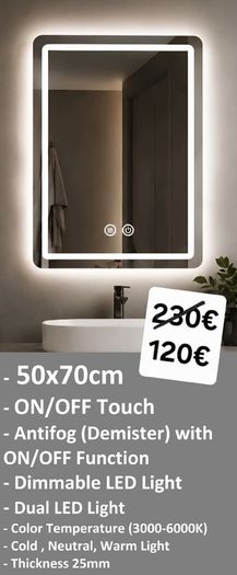 LED Bathroom Mirror Fog Free Tri Color Dual LED 50x70cm Touch Switch