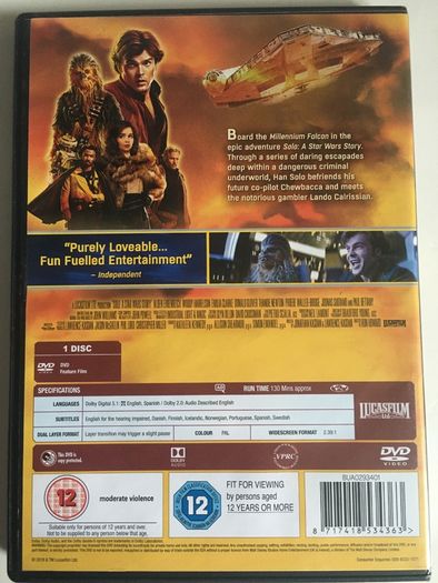 Star Wars [2018] Solo: A Star Wars Story (Alden Ehrenreich, Woody Harrelson, Emilia Clarke, Donald Glover, Thandiwe Newton, Phoebe Waller-Bridge, Joonas Suotamo & Paul Bettany. [Movie DVD]