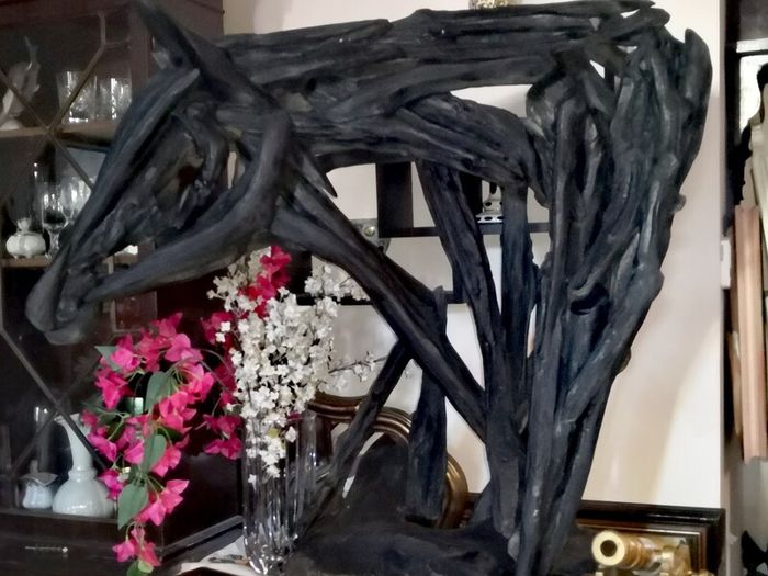 Giant unique bog oak and drift wood horse statue