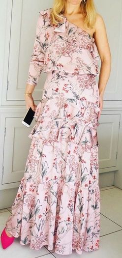 H&M Johanna Ortiz Silky Pink Floral One Shoulder Ruffle Maxi sz12