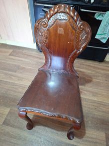 Antique Antique Carved Wooden Hall Chair Dark Mahogany,
