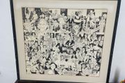 Vintage 1970s Nicky Zann Celebrity Caricature Print Large Framed 76cm x 69cm