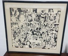 Vintage 1970s Nicky Zann Celebrity Caricature Print Large Framed 76cm x 69cm