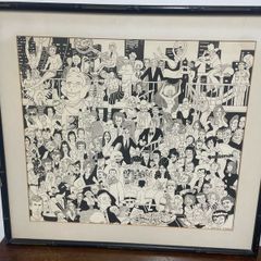 Vintage 1970s Nicky Zann Celebrity Caricature Print Large Framed 76cm x 69cm