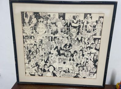 Vintage 1970s Nicky Zann Celebrity Caricature Print Large Framed 76cm x 69cm
