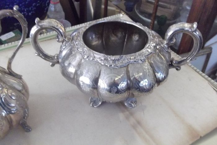 two antique silver plated items a  milk jug and suger bowl c 1860