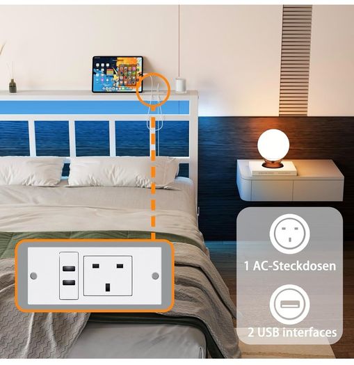 Double Bed Frame with Storage Headboard,4ft6 Bed Frame Double Bed Base with Charging Station and LED Lights,Metal Platform Double Bed 135x190,Mattress Base No Box Spring Needed,No Noise,White