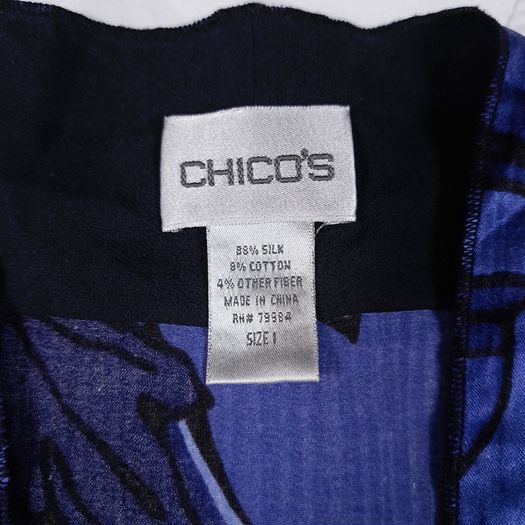 Chico's Blue & Black Patchwork Floral Print Silk Sheer Open-Front Kimono Duster 10-14UK/38-42EU