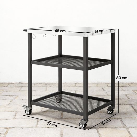 3-Tier Mobile Barbecue Cart with Wheels and Brake Stainless Steel Worktop Adjustable Shelf Hooks Black