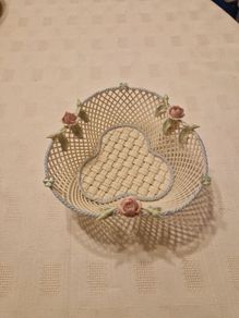Vintage Belleek Shamrock Porcelain Basket with Roses