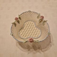 Vintage Belleek Shamrock Porcelain Basket with Roses