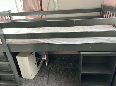 High sleeper , with shelving unit at base and pull out desk , no mattress suits a single mattress