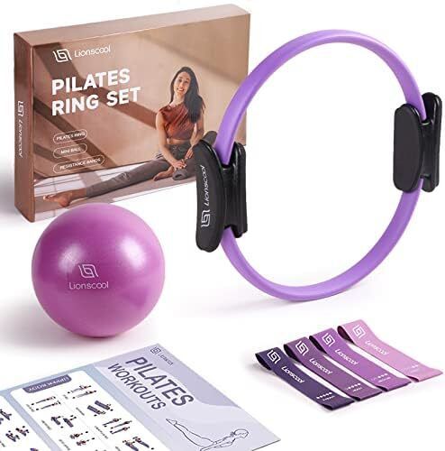 Pilates Ring Set  Premium14 inchMagic Circle with Dual Padded Handles Includes Pilates Mini Ball  Highly Elastic Resistance Bands Workout Guide & Bag