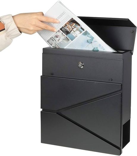 NEW SALE | Metal Wall Mounted Letterboxes with Key Lock, Large Mail Box with Newspaper Compartment, Black, 13" x 14 2/5" x 4 1/5"