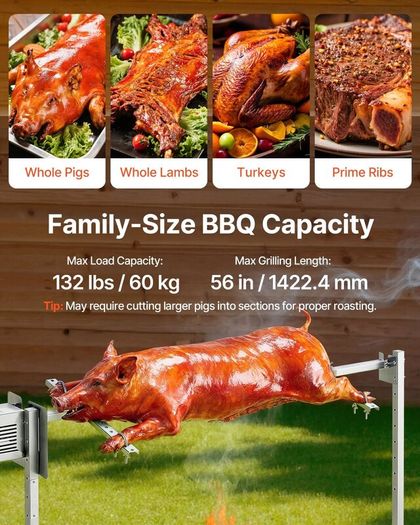 Electric Rotisserie Grill Kit, 8-Level Adjustable Height, 132lb Load Capacity, 38W Motor, Stainless Steel BBQ Spit for Outdoor Parties
